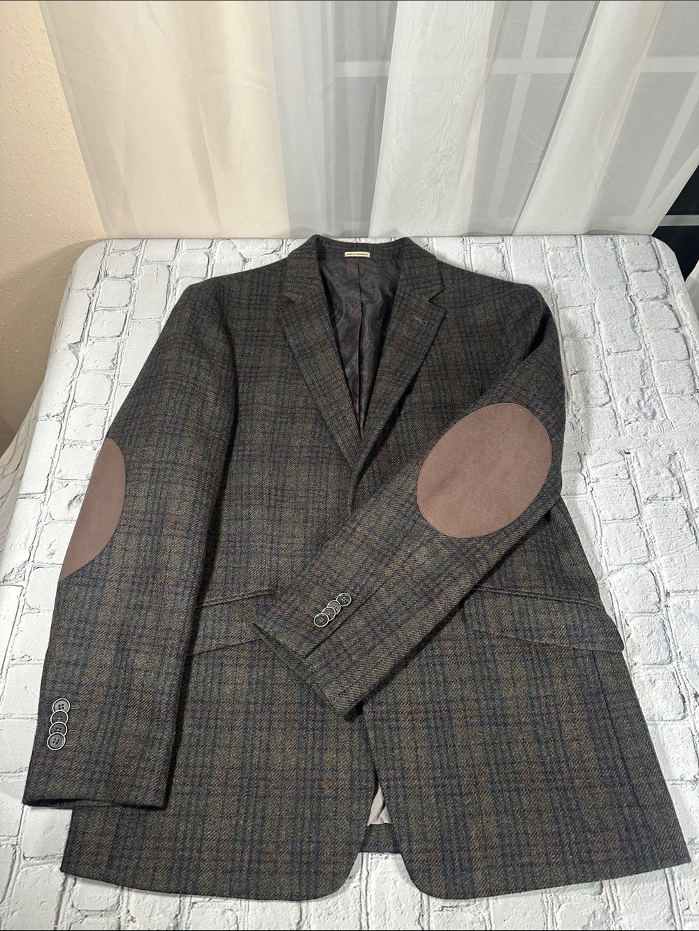 Joseph Abboud Blazer Men's 40S Slim Fit Wool Elbow Patch Plaid Sport Coat Brown